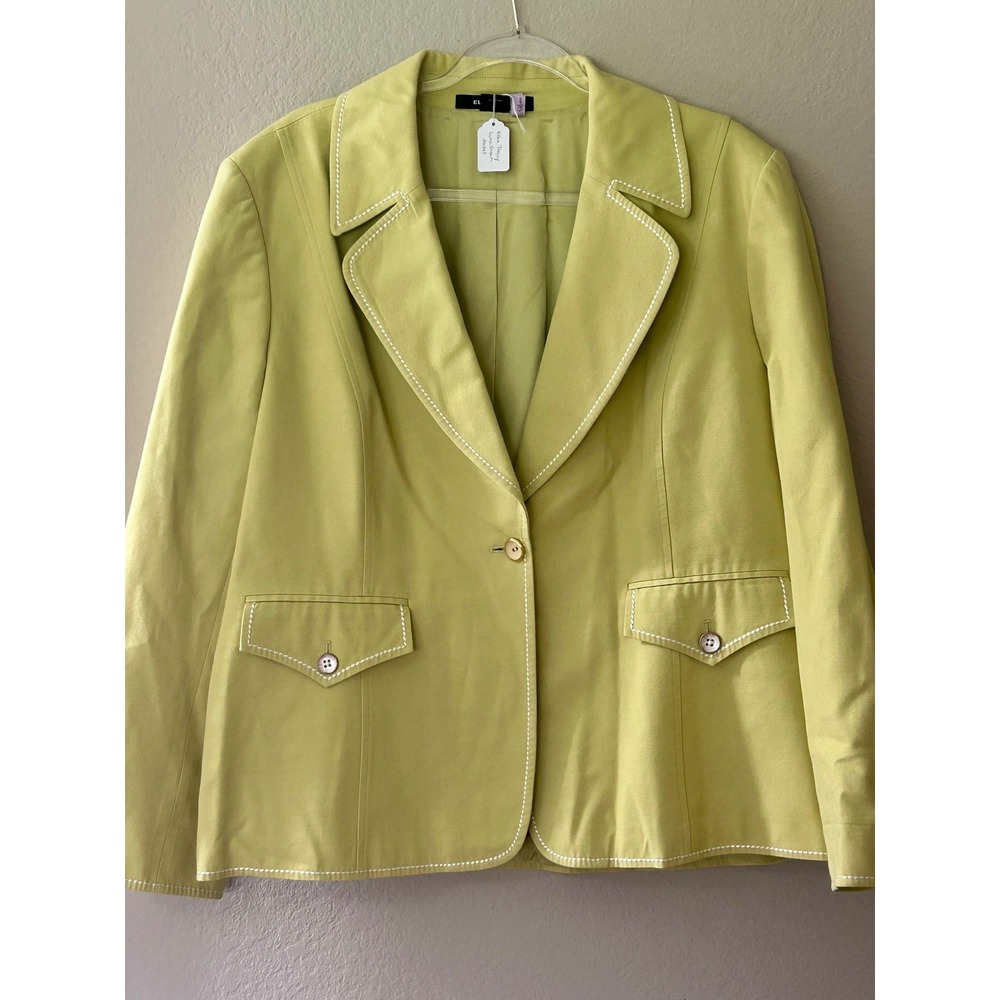 Ellen Tracy Lime Green Contrast Stitch Cotton Blazer Jacket Womens 18